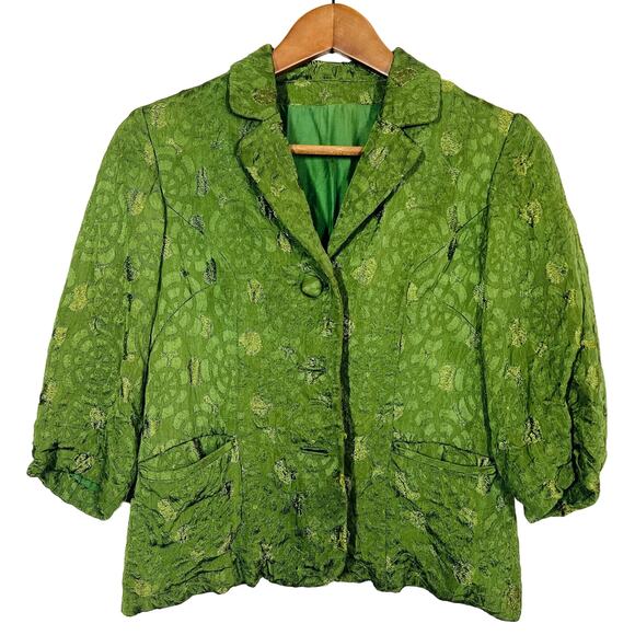 Handmade Blazer Top Crop Button Front Green Emdroidered - S - Picture 1 of 3